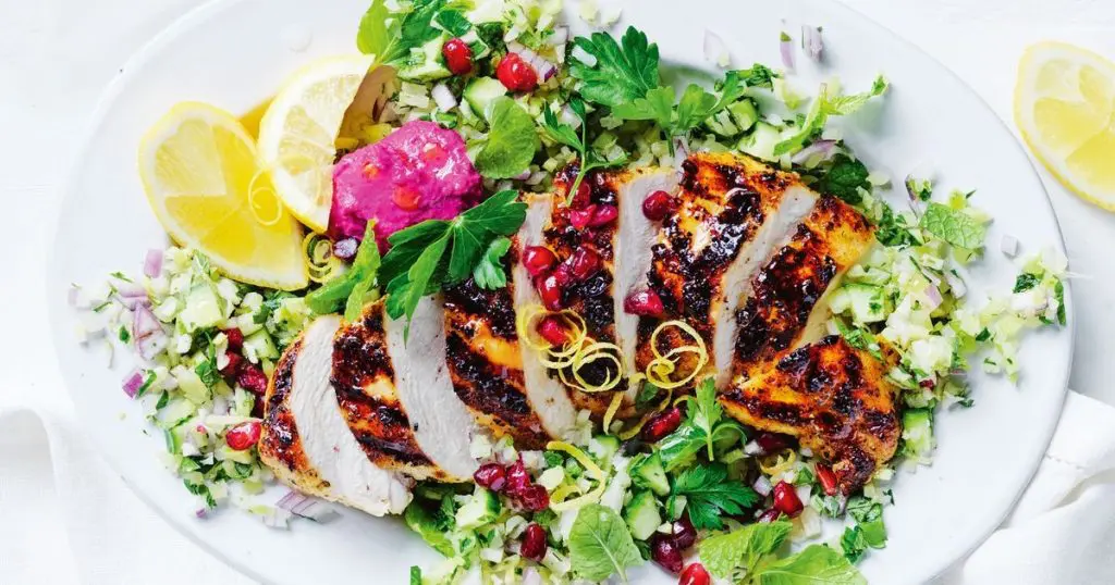 Spiced Chicken or Tofu with Chickpea Tabouli